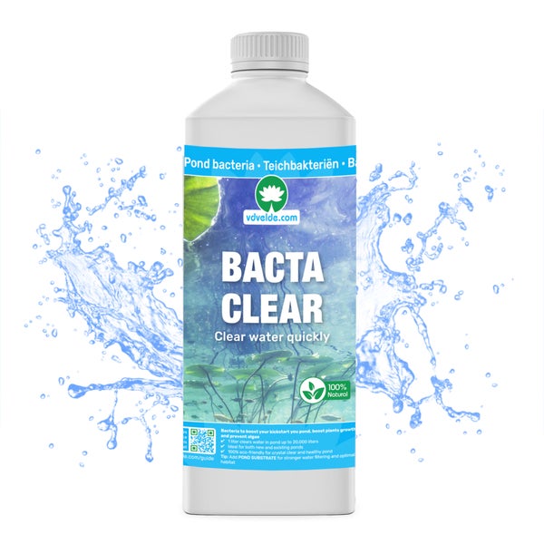 Weiße Flasche Bacta Clear Teichbakterien von vdvelde.com zur Wasserklärung und Förderung des Pflanzenwachstums, einhundert Prozent natürlich.