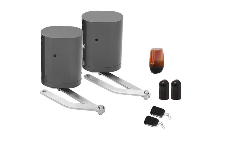 Drehtorantrieb-Set mit zwei Gelenkarmmotoren, Warnleuchte, Lichtschranken und zwei Fernbedienungen.