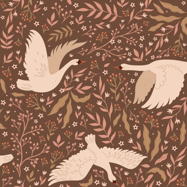 Muster mit Schwänen, Blättern und Sternen