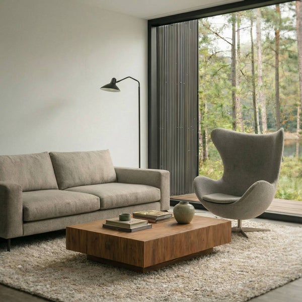 Wohnzimmer mit Sofa, Sessel, Couchtisch und Stehlampe