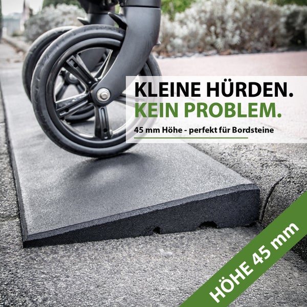 Gummirampe mit 45 Millimeter Höhe als Bordsteinrampe zur Überbrückung von Stufen für Rollatoren und Kinderwagen
