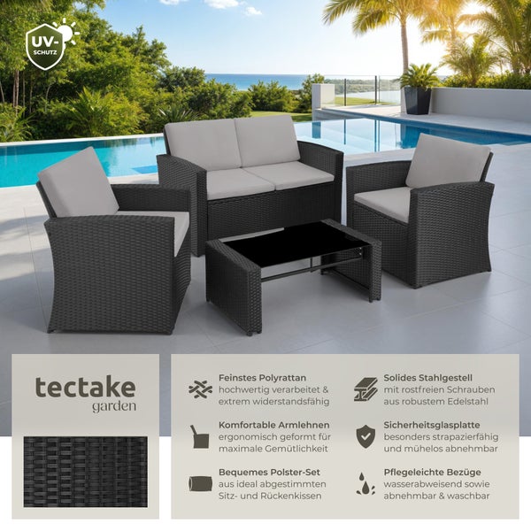 Rattan Lounge tectake Jesolo mit Sicherheitsglasplatte für 4 Personen schwarz/grau