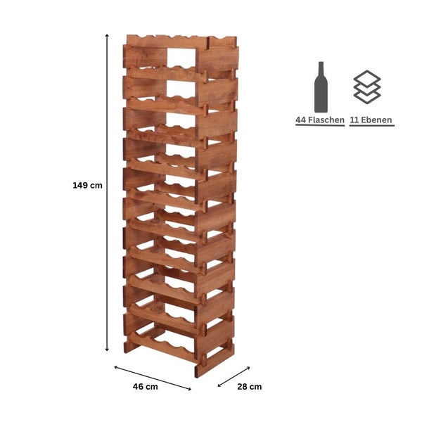 Weinregal VINOTECA FLEX PRO HxBxT 149x46x28cm 44 Flaschen auf 11 Ebenen Massives Kiefernholz Braun geölt