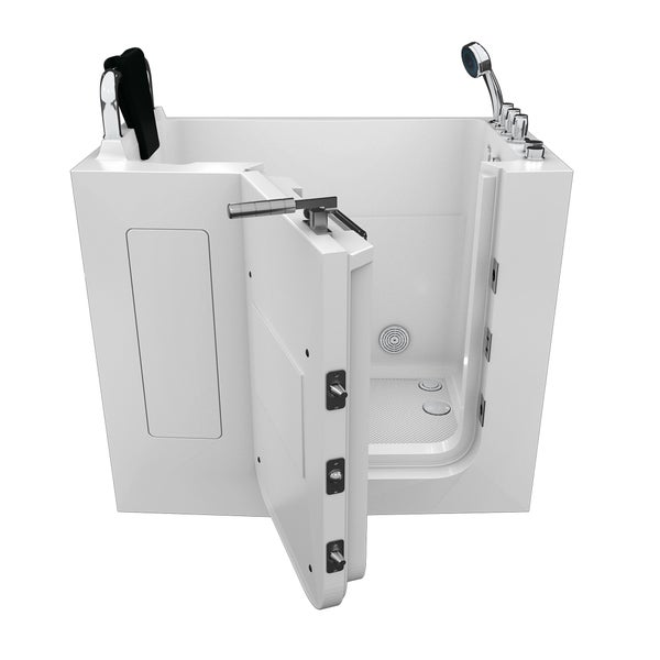 Geöffnete, ebenerdige Badewanne mit Tür, Armatur und Brause