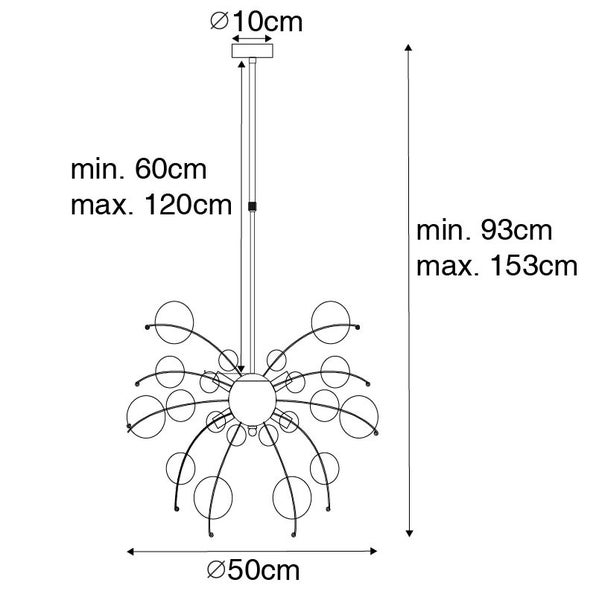Technische Zeichnung einer Pendelleuchte mit den Maßen: Durchmesser Lampenschirm 50 Zentimeter, Durchmesser Deckenhalterung 10 Zentimeter, Abhänghöhe minimal 93 Zentimeter, maximal 153 Zentimeter, Höhe minimal 60 Zentimeter, maximal 120 Zentimeter.