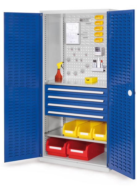 Werkzeugschrank aus Metall mit Schubladen, Lochwand und farbigen Sichtlagerkästen.