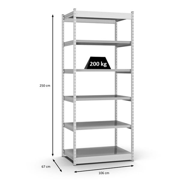PROREGAL Fachbodenregal Stecksystem Vierkant-Profil Grundregal HxBxT 250 x 102,5 x 60 cm 6 Ebenen Einseitige Bauart Fachlast 200 kg Lichtgrau