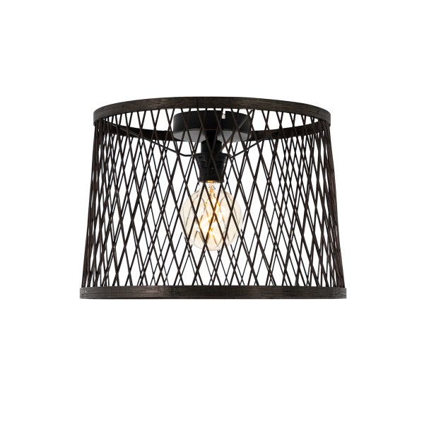 Deckenleuchte mit gitterartigem Schirm aus dunklem Metall und sichtbarem Filament-Leuchtmittel