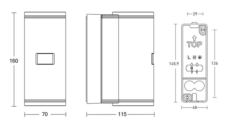 Technische Zeichnung eines Verteilerkastens mit Abmessungen