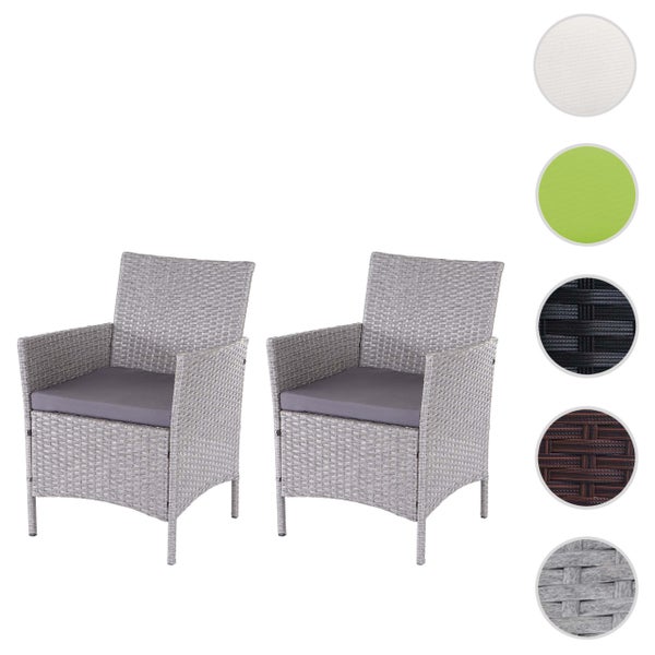 Zweier Set Gartenstühle aus Polyrattan mit Sitzkissen und Armlehnen, inklusive Farbauswahl für Geflecht und Polster.