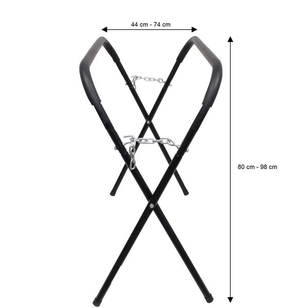 Verstellbarer Materialständer mit Kette und den Maßen 44 bis 74 Zentimeter Breite und 80 bis 98 Zentimeter Höhe.