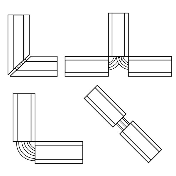 Schematische Darstellung von vier verschiedenen Kabelkanal Verbindungsstücken in L Form, T Form, Winkel und gerader Kupplung.