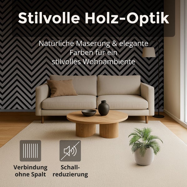 Modernes Wohnzimmer mit Chevron-Wand, Sofa, Holz-Couchtisch und Teppich. Symbole für spaltfreie Verbindung und Schallreduzierung.
