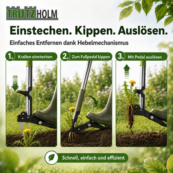 Anwendungsschritte für den Trutzholm Unkrautstecher: Krallen einstechen, hebeln und per Fußpedal auslösen für effiziente Unkrautentfernung.