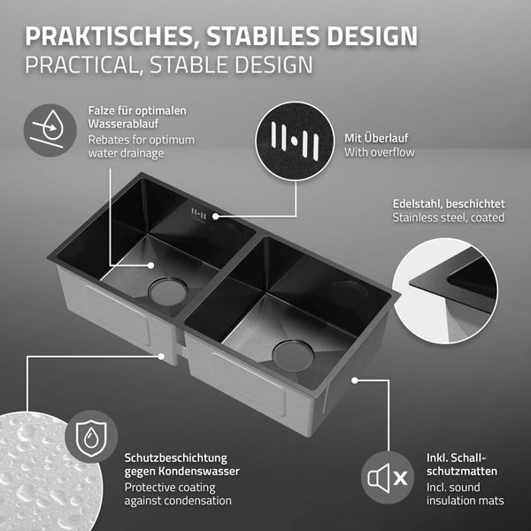 ML-Design Doppelspülbecken Edelstahl 81,5x40 cm Anthrazit, Küchenspüle rechteckig, 2 Becken, Einbauspüle Unterbauspüle, Edelstahlspüle mit Ablaufgarnitur, Doppelbecken mit Siphon, Waschbecken Küche