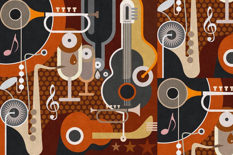 Abstrakte Illustration von Musikinstrumenten wie Gitarre, Trompete und Saxophon