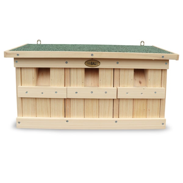 Holz-Insektenhotel mit sechs Fächern und Habau Logo