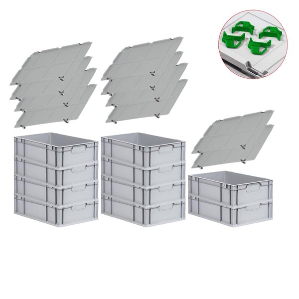 PROREGAL Spar Set 10x Eurobox Nextgen Economy Mit Auflagedeckel & 4x Schiebeschnappverschlüsse Grün Griffe Geschlossen HxBxT 17 x 40 x 60 cm 34 Liter