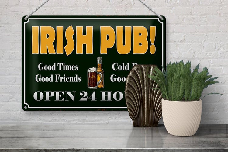 Blechschild Spruch 30x20cm Irish Pub gold Beer open 24