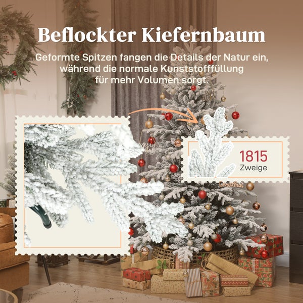 Beflockter künstlicher Kiefern-Weihnachtsbaum mit 1815 Zweigen, Detailansicht der schneebedeckten Nadeln und festliche Dekoration.