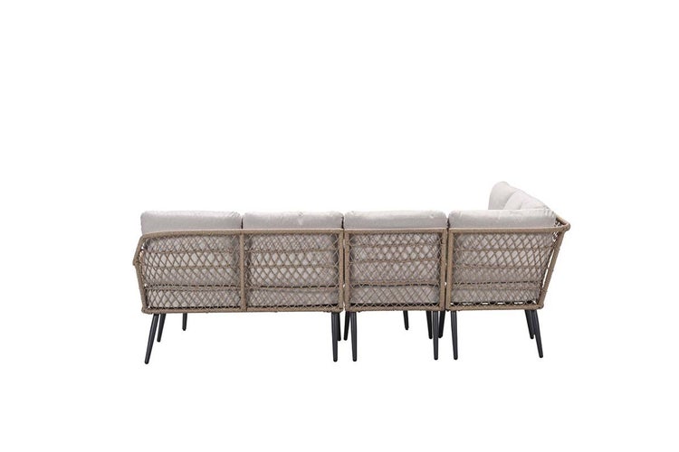 Rückansicht eines Garten-Lounge-Ecksofas mit geflochtener Rückenlehne aus Seil und Polstern auf Metallbeinen.