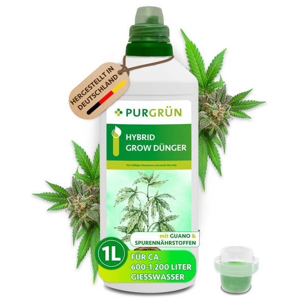 Purgrün Hybrid Grow Dünger mit Guano und Spurennährstoffen für kräftiges Wachstum, 1 Liter Flasche für 600 bis 1200 Liter Gießwasser.