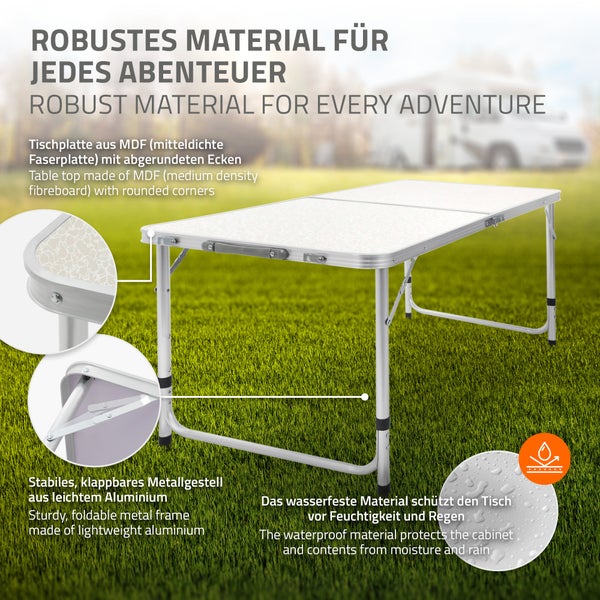 ECD Germany Campingtisch Klapptisch mit Tragegriff 120x60x55/63/70 cm Weiß Creme aus Aluminium und MDF - höhenverstellbar, klappbar - Falttisch Gartentisch Balkontisch Reisetisch Arbeitstisch Tisch