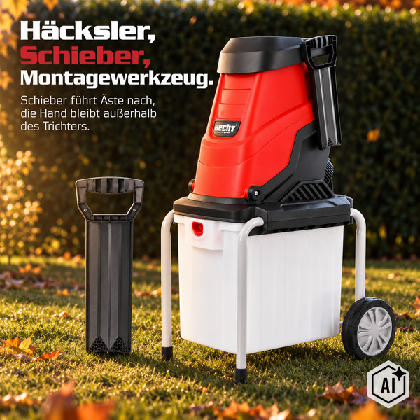 Hecht Gartenhäcksler mit Auffangbehälter und manuellem Stopfer zur sicheren Astzuführung im Garten.