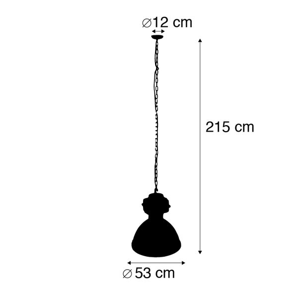 Skizze einer Pendelleuchte mit den Maßen 215 cm Höhe und 53 cm Durchmesser