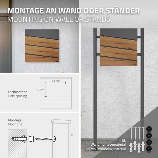 Briefkasten mit Holzoptik für Wandmontage oder auf Ständern, Diagramm für Lochabstand 23 auf 17 Zentimeter und inklusive Montagematerial.