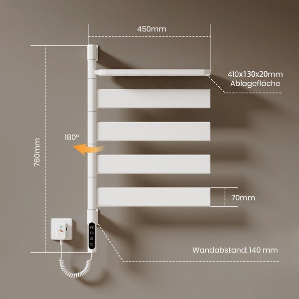 EMKE Elektrischer Badheizkörper 760×450 mm, 120W, Handtuchheizkörper mit LCD, WLAN & Timer, IPX5, Wandmontage, Ablage, Weiß