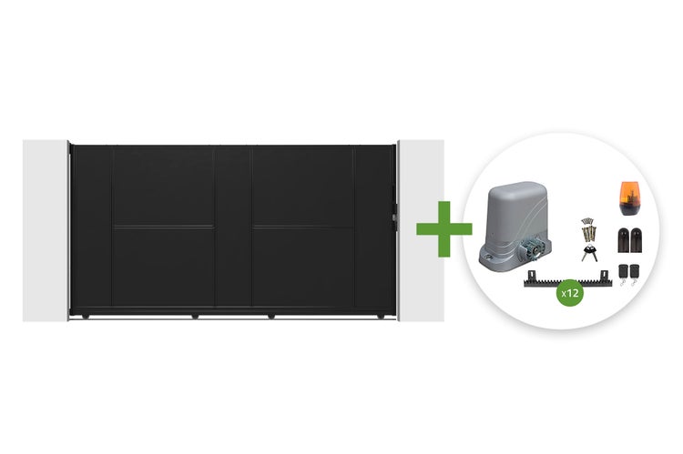 Schwarzes Schiebetor aus Metall inklusive elektrischem Torantrieb-Set mit Motor, Fernbedienungen, Sensoren und Zahnstangen.