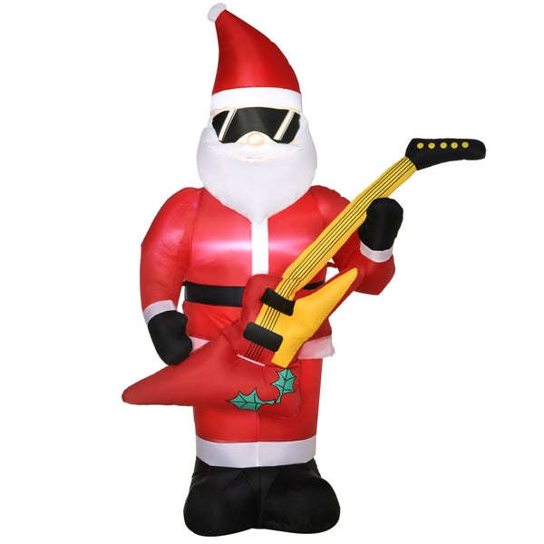 Outsunny 215 cm Aufblasbarer Weihnachtsmann mit E-Gitarre, LED Selbstaufblasend, 140L x 75B x 215H cm, Polyester, Rot
