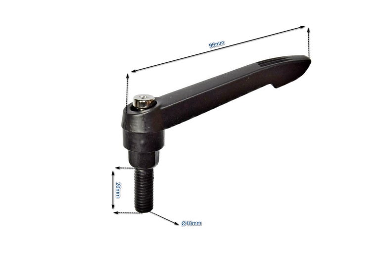 Klemmhebel mit Schraubbolzen, Grifflänge 90 Millimeter, Gewindelänge 20 Millimeter, Gewindedurchmesser 10 Millimeter.