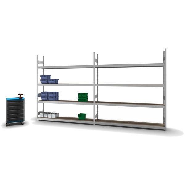 PROREGAL Weitspannregal Stecksystem T-Profil Grundregal HxBxT 250x225x40 cm 4 Ebenen Spanplatten Fachboden Fachlast 350 kg Verzinkt