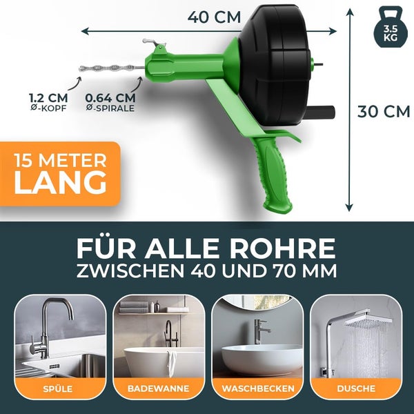 Rohrreinigungsspirale, 15 Meter Länge, 1,2 Zentimeter Kopf, 40 mal 30 Zentimeter, 3,5 Kilogramm schwer, für Rohre von 40 bis 70 Millimeter.