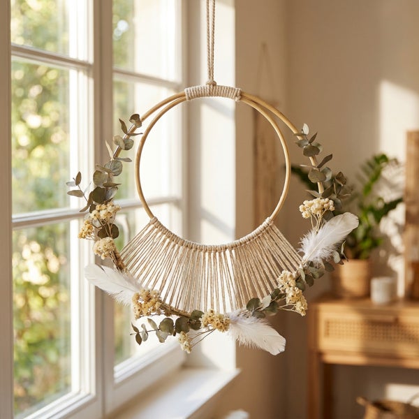 Dekorativer Makramee Ring aus Holz mit Trockenblumen Eukalyptus und Federn zur Wanddekoration oder als Fensterschmuck.