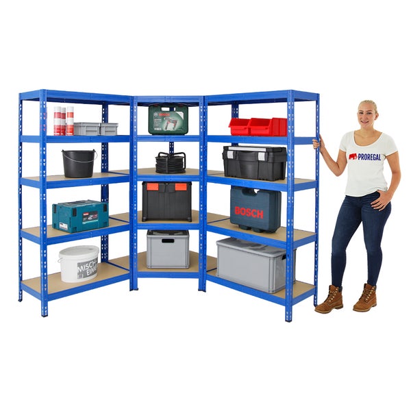 PROREGAL Mega Deal Tiger 1x Eckregal & 2x Schwerlastregal 180x 90x 45 cm Fachlast 175 & 265 kg Blau