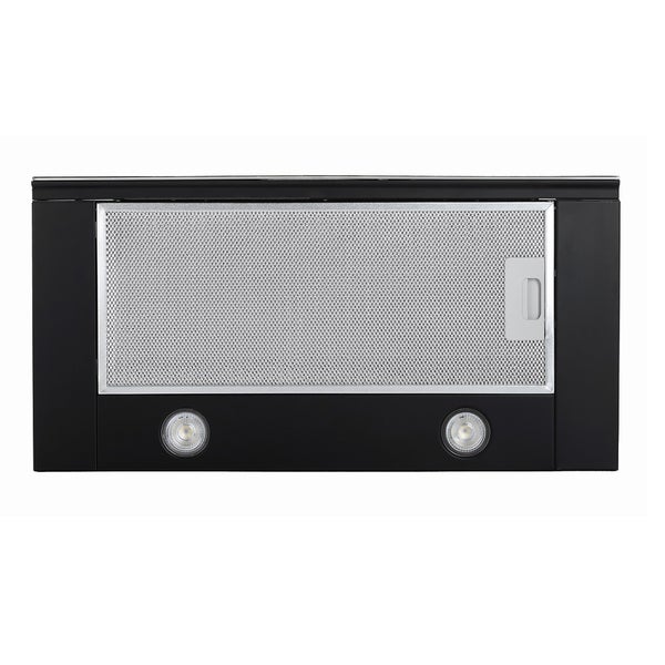 Schwarze Unterbauhaube mit Beleuchtung und Fettfilter