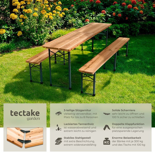 Dreiteilige Gartenmöbelgarnitur aus Tanne mit Stahlgestell, bestehend aus einem Tisch und zwei Bänken