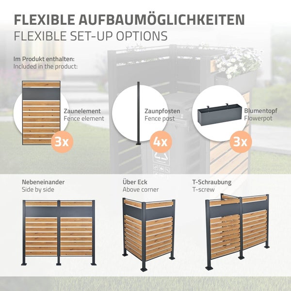 ML-Design Mülltonnenzaun für 1 Mülltonne, Anthrazit-Holzoptik, Stahl, 91x91x150 cm, rostfrei, massiv, Mülltonnenbox Mülltonnenverkleidung Mülltonnenaufbewahrung Garten Sichtschutz, mit 3 Blumenkästen
