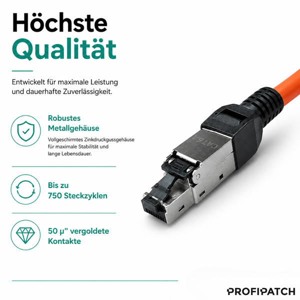 PROFIPATCH CAT6A RJ45 Netzwerkstecker mit robustem Zinkdruckgussgehäuse, hoher Lebensdauer von bis zu 750 Steckzyklen und vergoldeten Kontakten.