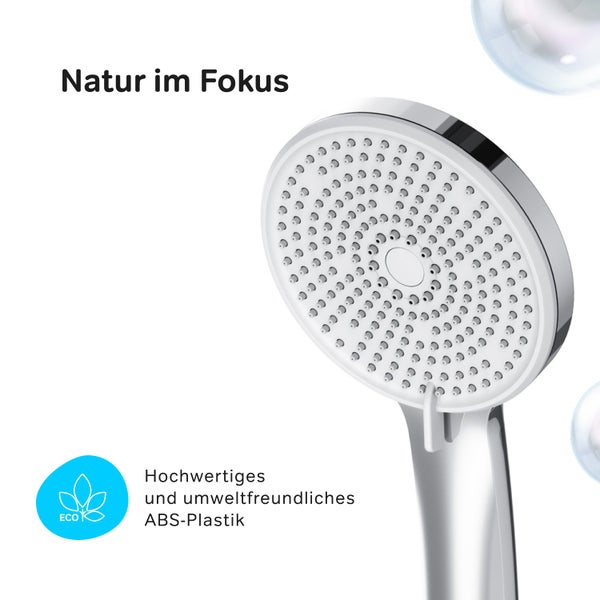 Duschkopf aus hochwertigem und umweltfreundlichem ABS Kunststoff mit Fokus auf Nachhaltigkeit.