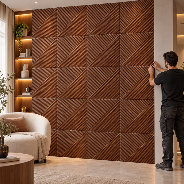 Ein Handwerker montiert strukturierte Holz Wandpaneele mit geometrischem Lamellenmuster in einem modern eingerichteten Wohnbereich.