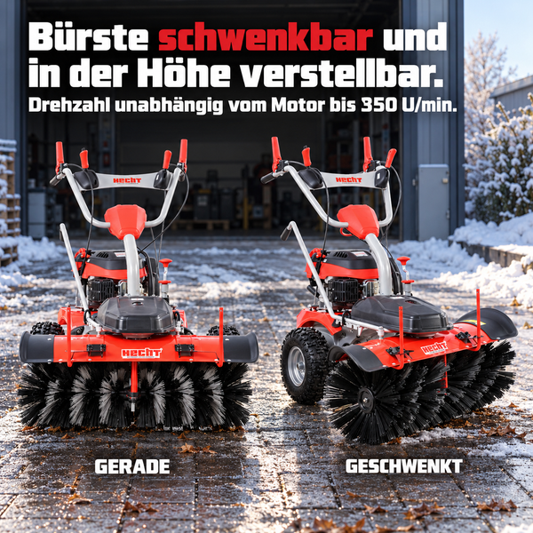 Zwei Hecht Kehrmaschinen mit schwenkbarer und höhenverstellbarer Bürste auf einem gepflasterten Außenbereich mit Schnee.