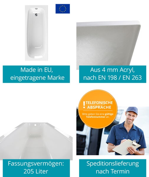 Collage zur Badewanne: Hergestellt in der Europäischen Union, 4 Millimeter Acryl nach Norm, 205 Liter Fassungsvermögen und Speditionslieferung.