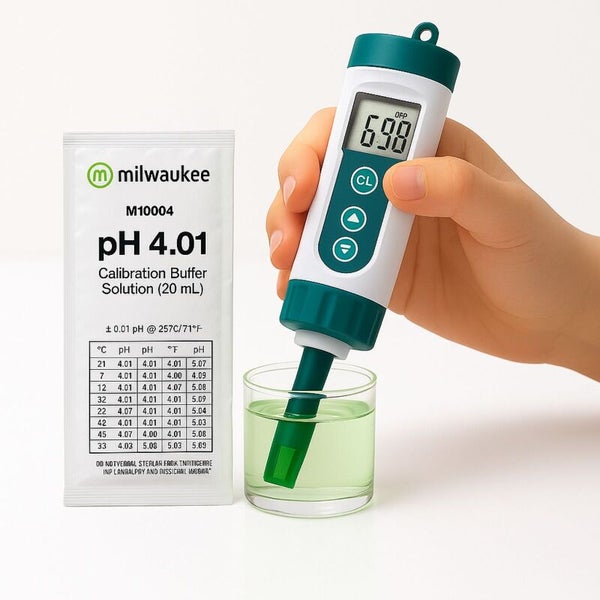 Milwaukee Logo, pH-Wert-Messgerät wird in Pufferlösung kalibriert, pH 4.01 Kalibrierpufferlösung