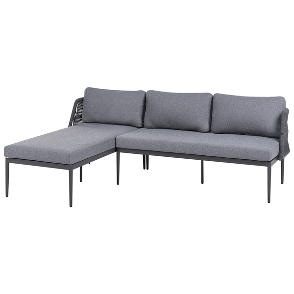 Graues Garten-Lounge-Sofa mit Metallgestell und Polstern, inklusive Recamiere.