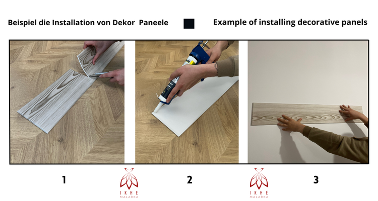 Dreistufige Anleitung zur Montage von Dekorpaneelen: Zuschneiden mit einem Messer, Kleber auftragen und das Paneel an der Wand befestigen.