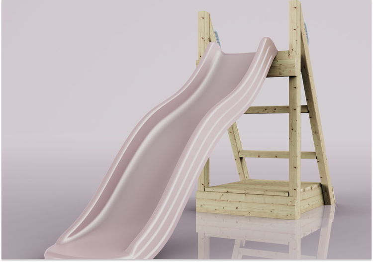 Wellenrutsche für Kinder mit Holzgestell und rosa Kunststoffrutsche.